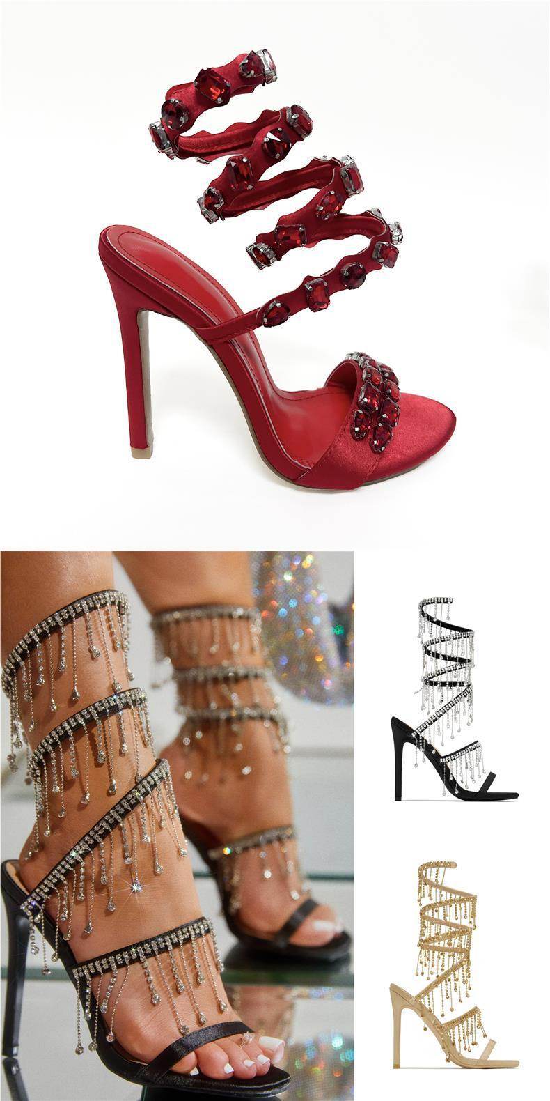 Black & Gold Satin Rhinestone Stiletto Sandals – 11cm Summer Rivet Heels ladys foot wear Distinguished Fine Apparel