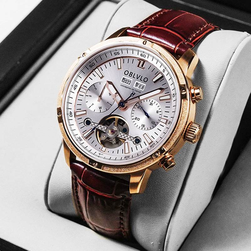 Gentlemen's Multi-functional Hollowed Timepiece gents watches Distinguished Fine Apparel Leather Rose White