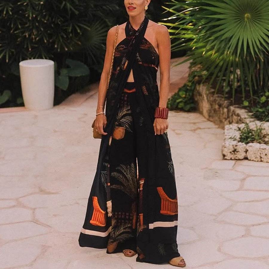 Retro Straight Wide-leg Pants Cross-halter-neck Top Two-piece Suit ladys suit Distinguished Fine Apparel