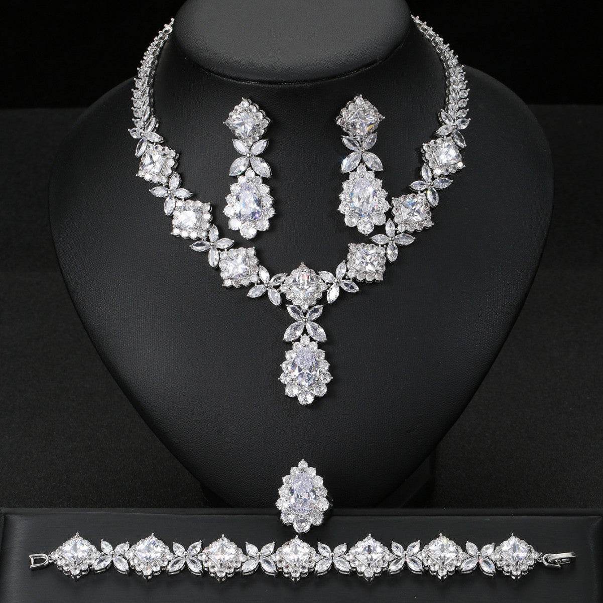 European & American Luxury Zircon Jewelry Set – 4-Piece Sparkling Elegance jewelry set Distinguished Fine Apparel