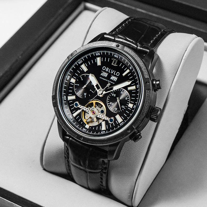 Gentlemen's Multi-functional Hollowed Timepiece gents watches Distinguished Fine Apparel Leather Black