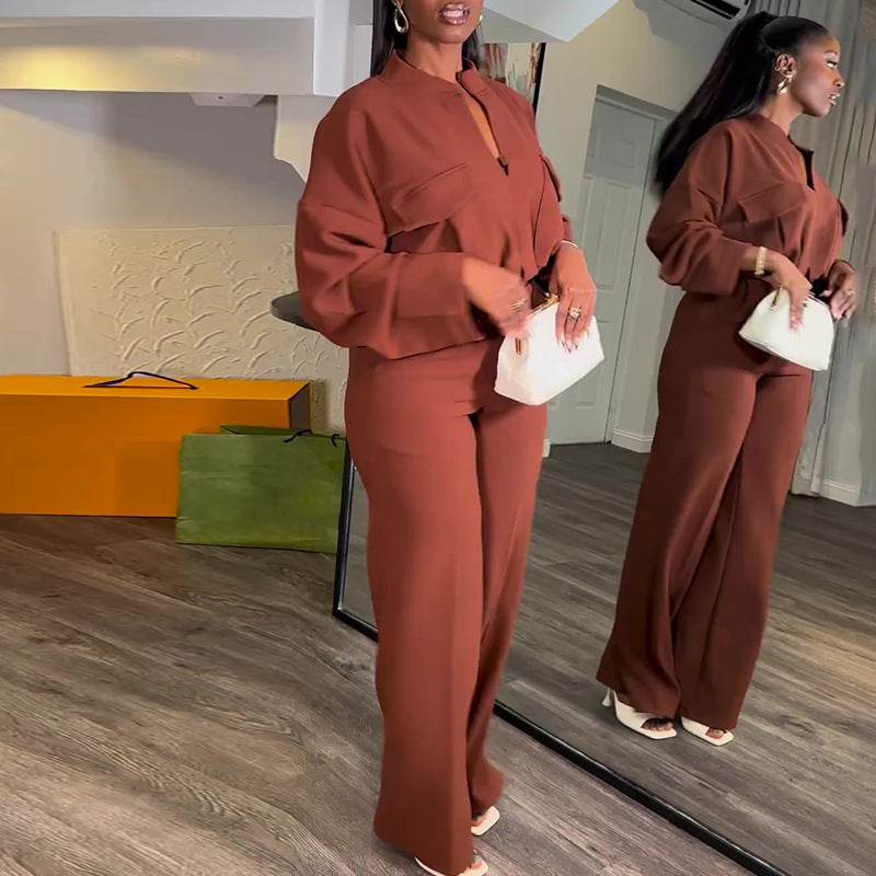 Casual V-neck Long Sleeve Top Wide-leg Trousers Suit ladys suit Distinguished Fine Apparel