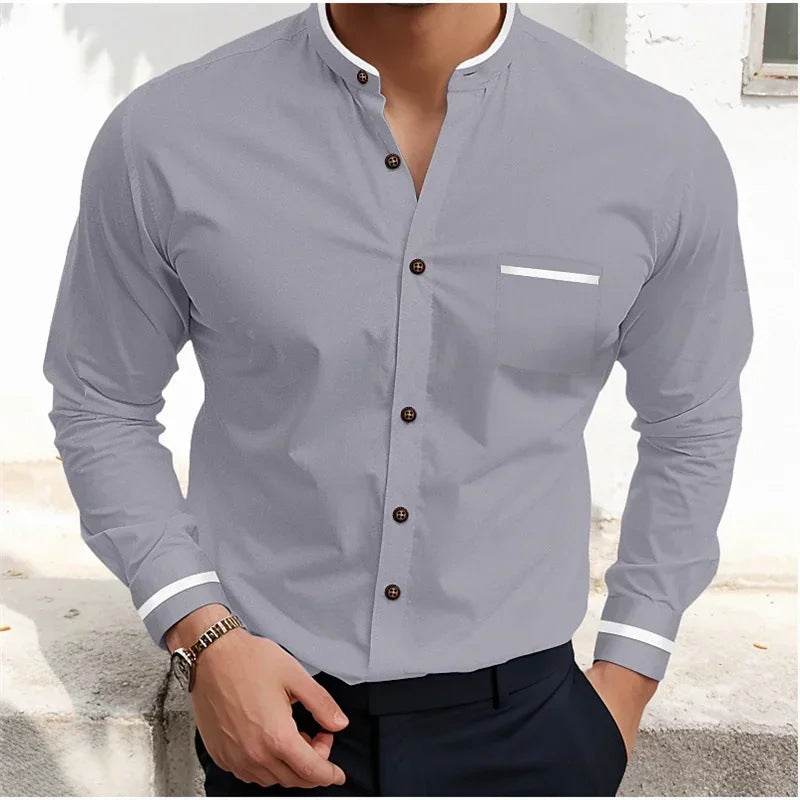 Men's Formal suit shirts Single-breasted Stand Collar Shirt gents top Distinguished Fine Apparel Y013 2XL