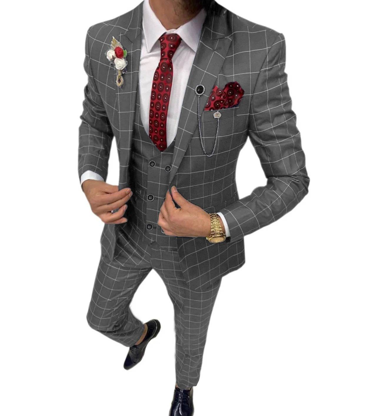 Classic Gentlemens Versatile Lattice Three-piece Suit gents suit Distinguished Fine Apparel Gray 3XL
