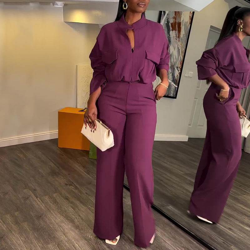 Casual V-neck Long Sleeve Top Wide-leg Trousers Suit ladys suit Distinguished Fine Apparel Purple 2XL