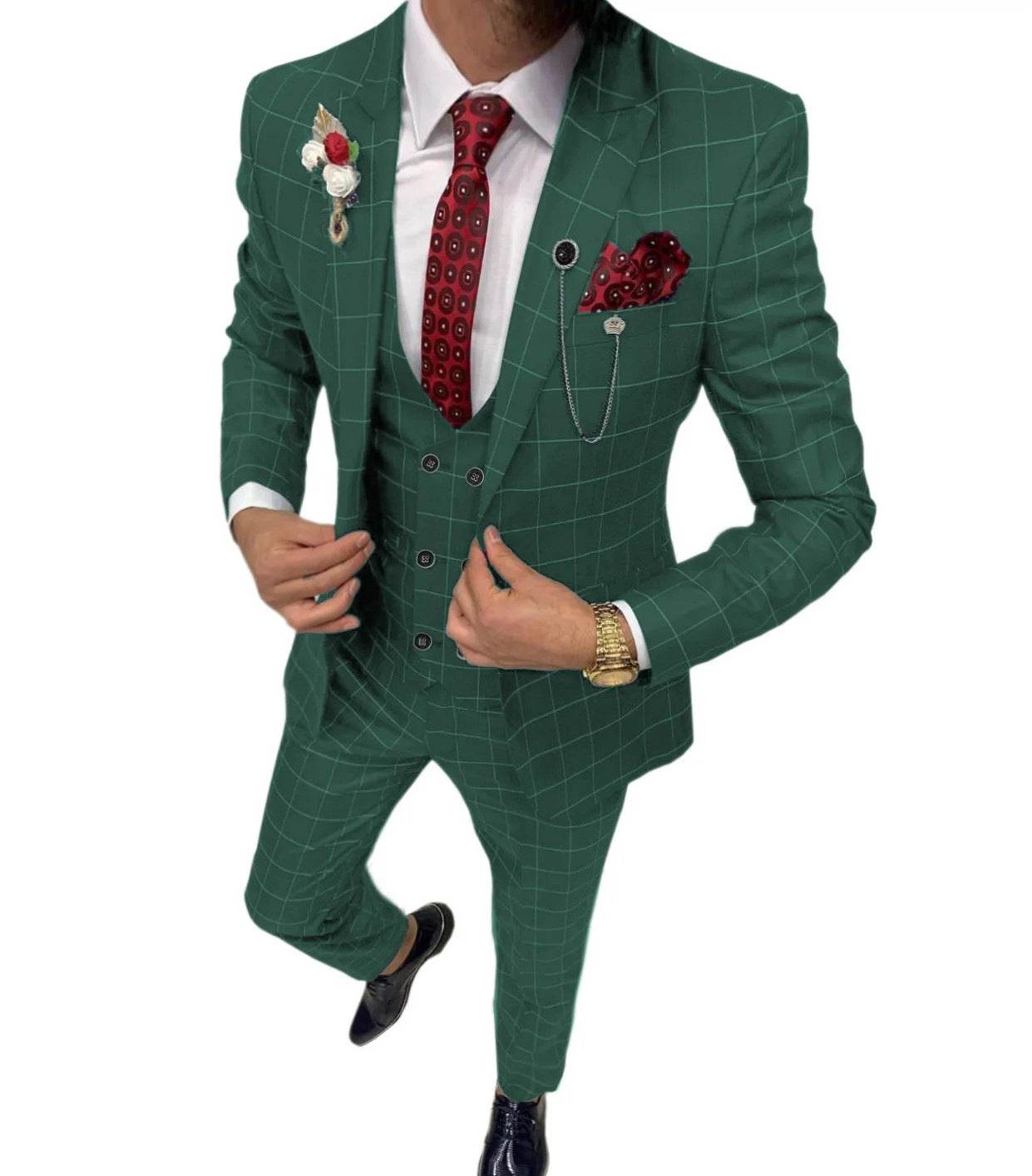 Classic Gentlemens Versatile Lattice Three-piece Suit gents suit Distinguished Fine Apparel Dark Green 3XL