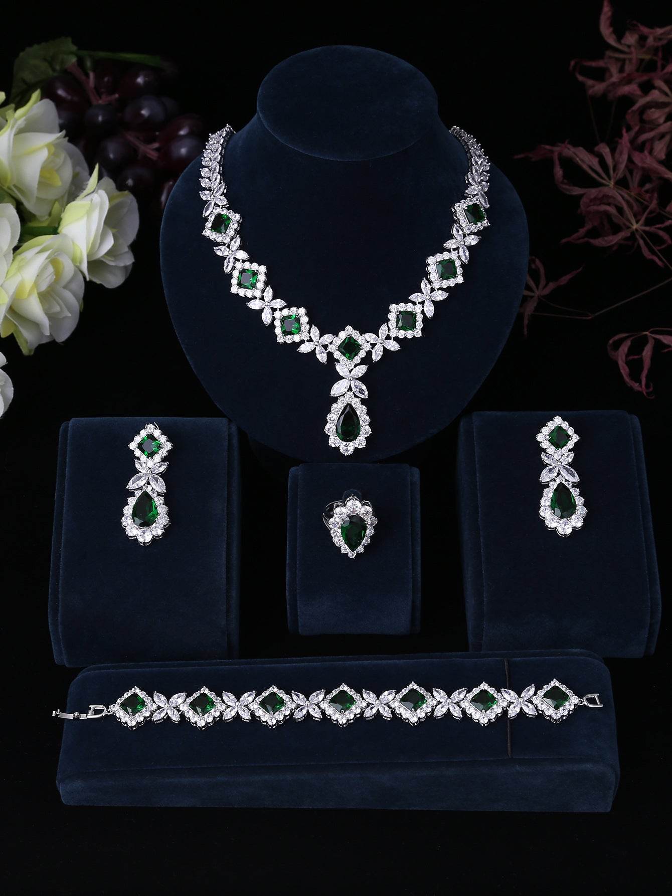 European & American Luxury Zircon Jewelry Set – 4-Piece Sparkling Elegance jewelry set Distinguished Fine Apparel Green