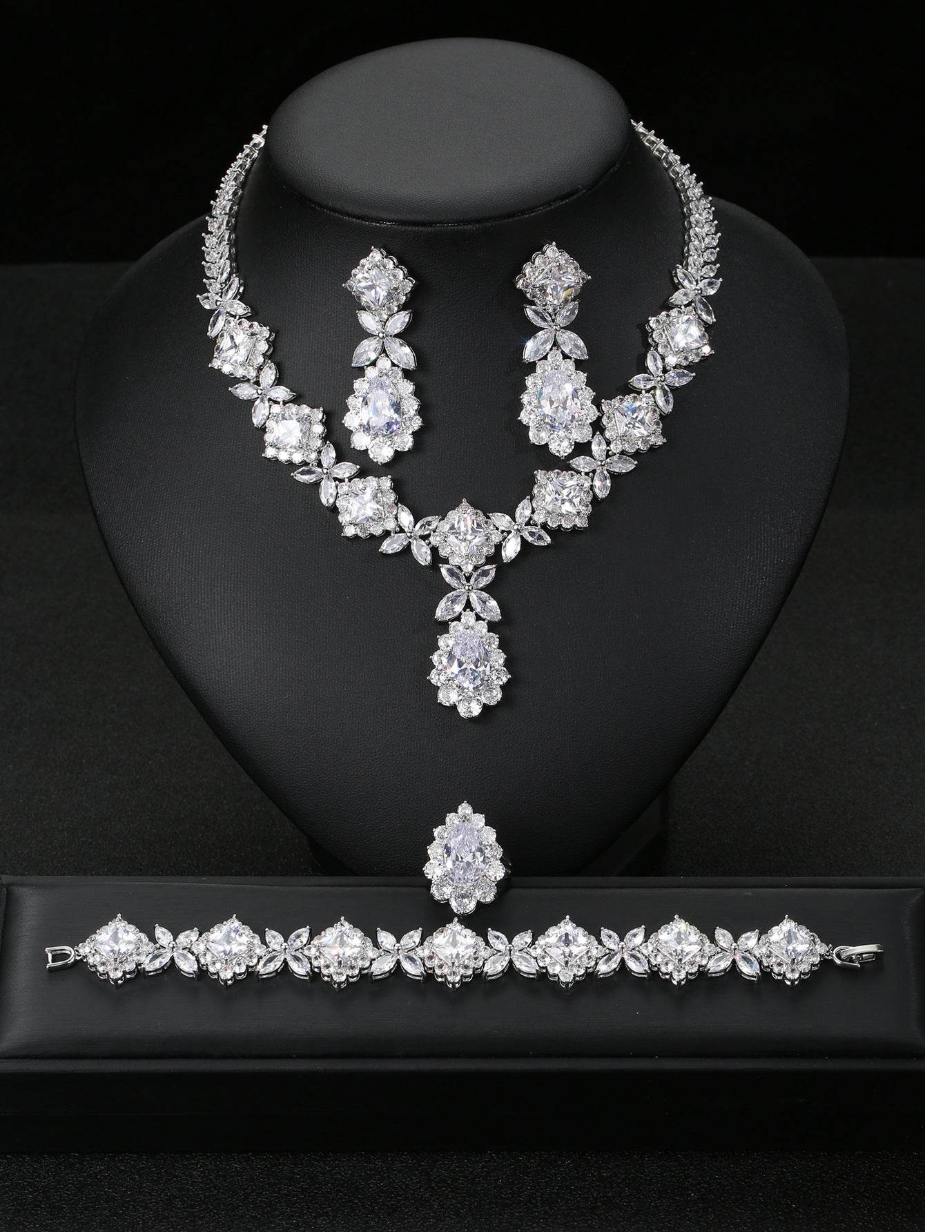 European & American Luxury Zircon Jewelry Set – 4-Piece Sparkling Elegance jewelry set Distinguished Fine Apparel White
