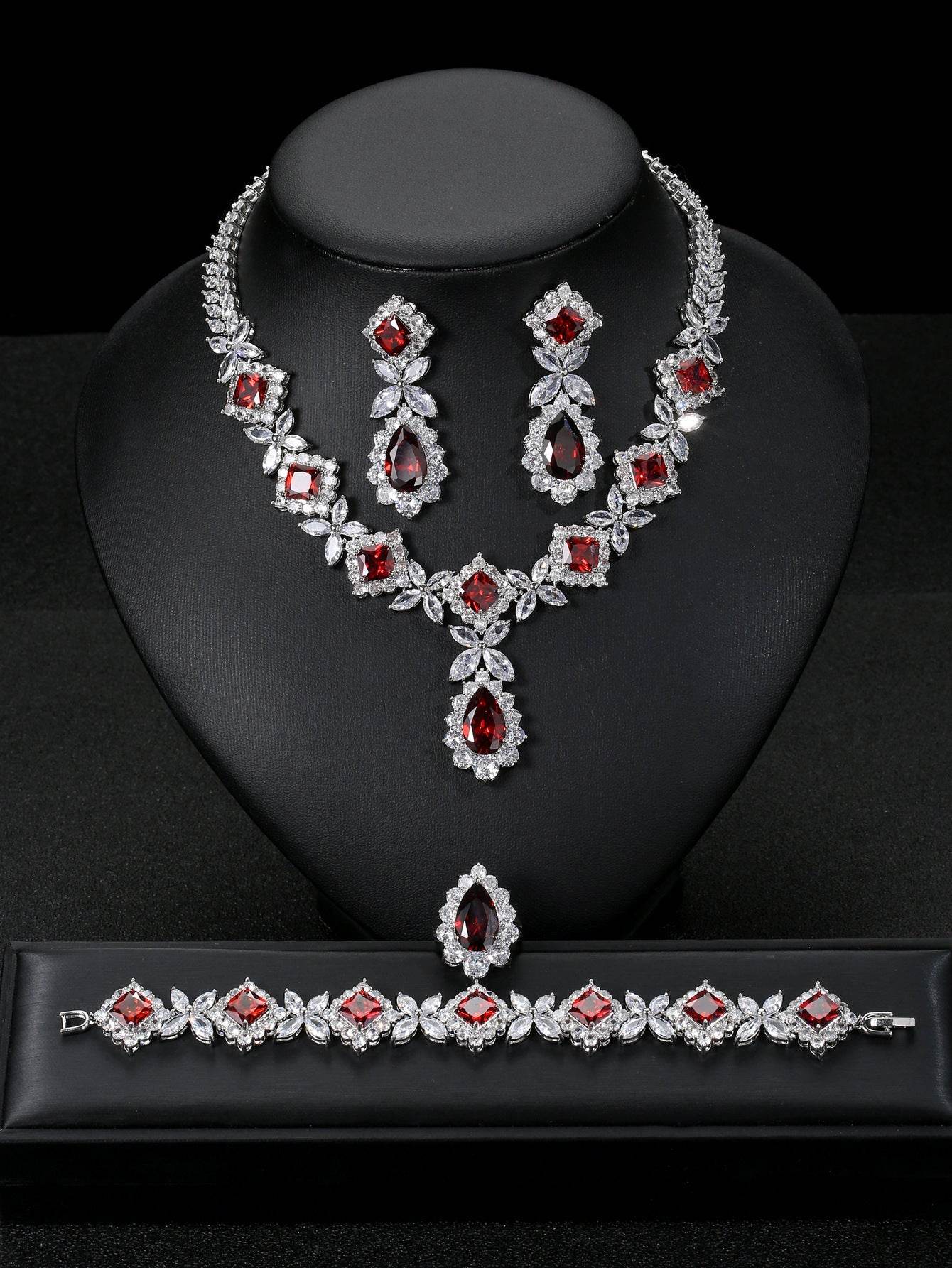 European & American Luxury Zircon Jewelry Set – 4-Piece Sparkling Elegance jewelry set Distinguished Fine Apparel Red