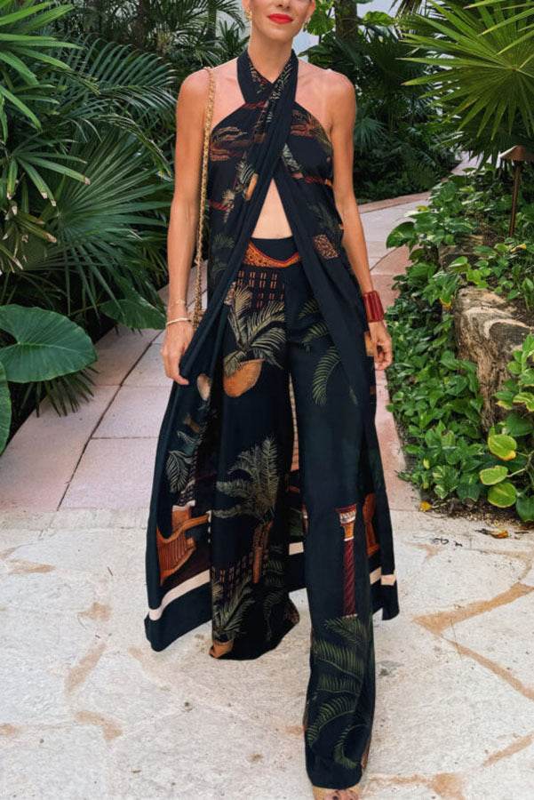 Retro Straight Wide-leg Pants Cross-halter-neck Top Two-piece Suit ladys suit Distinguished Fine Apparel Black L