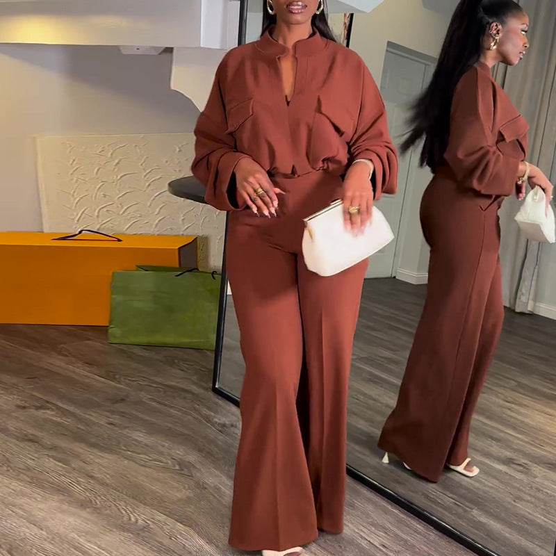 Casual V-neck Long Sleeve Top Wide-leg Trousers Suit ladys suit Distinguished Fine Apparel Light Brown 2XL