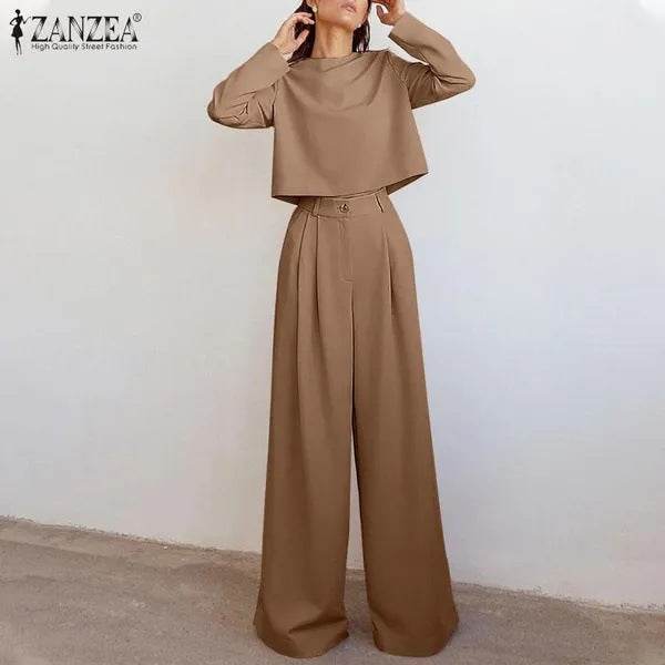 Women's Loose-fitting Casual Two-piece Suit - Wide Leg Pants ladys pants Distinguished Fine Apparel Khaki L