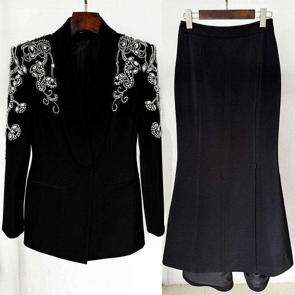 Women's High Fashion Elegant Skirt & Ornate Filigree Suit Jacket with Diamond Beaded Suit ladys suit Distinguished Fine Apparel Black S
