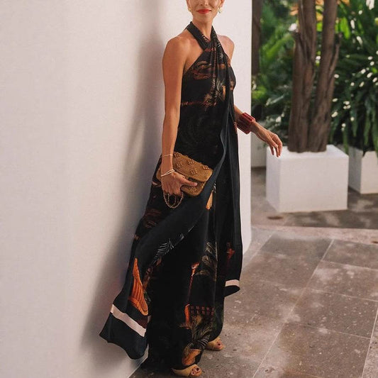 Retro Straight Wide-leg Pants Cross-halter-neck Top Two-piece Suit ladys suit Distinguished Fine Apparel