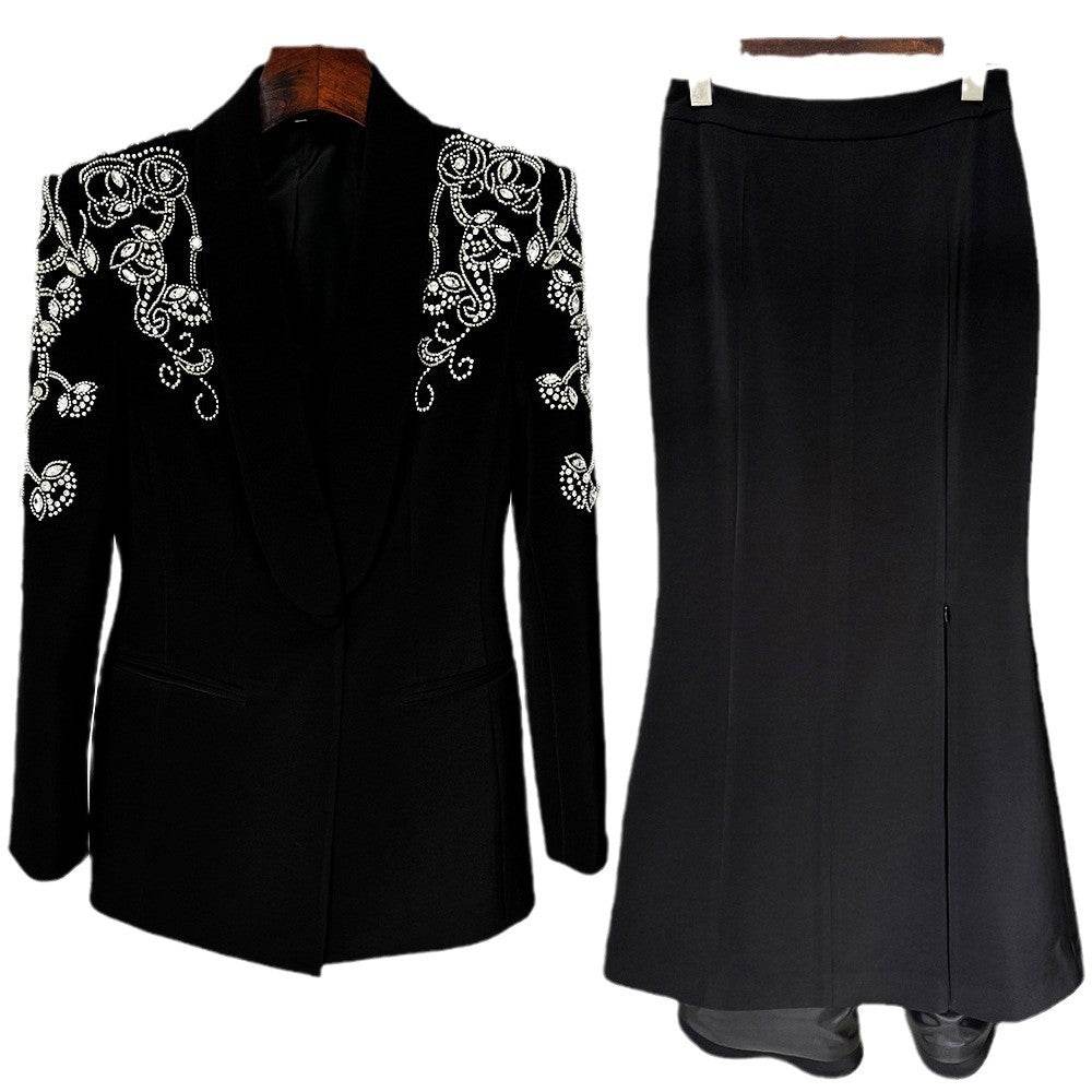 Women's High Fashion Elegant Skirt & Ornate Filigree Suit Jacket with Diamond Beaded Suit ladys suit Distinguished Fine Apparel