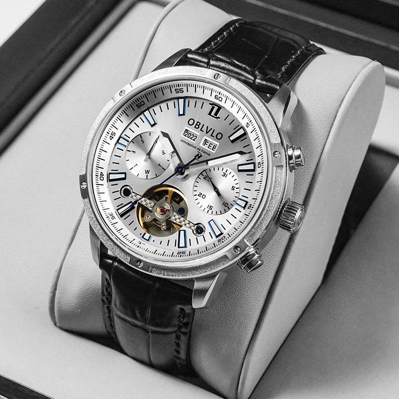 Gentlemen's Multi-functional Hollowed Timepiece gents watches Distinguished Fine Apparel Leather Silver White
