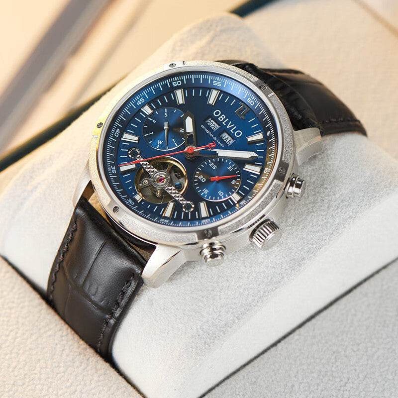 Gentlemen's Multi-functional Hollowed Timepiece gents watches Distinguished Fine Apparel Leather Silver Blue