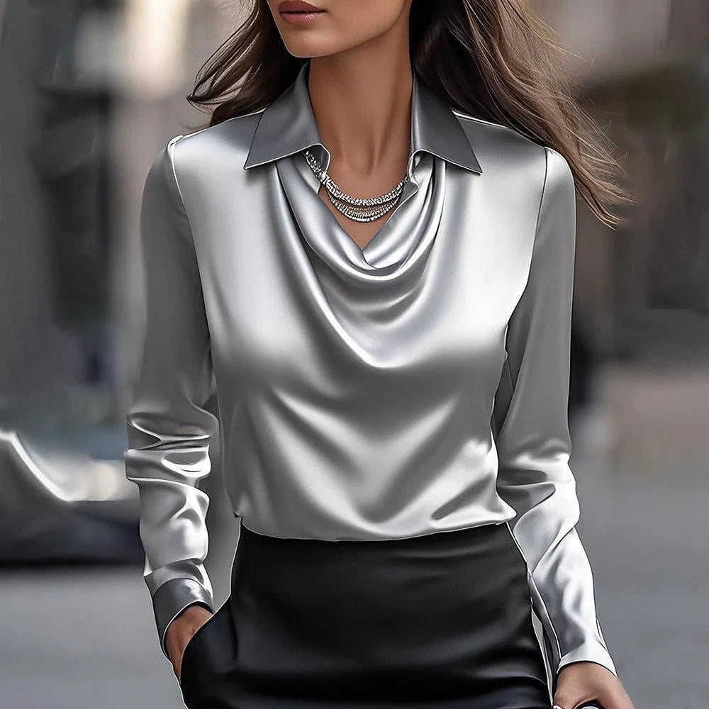 Women's Swing Collar Draped Shirt Elegant Satin - Office, Spring, Casual Top ladys shirt Distinguished Fine Apparel Gray 3XL
