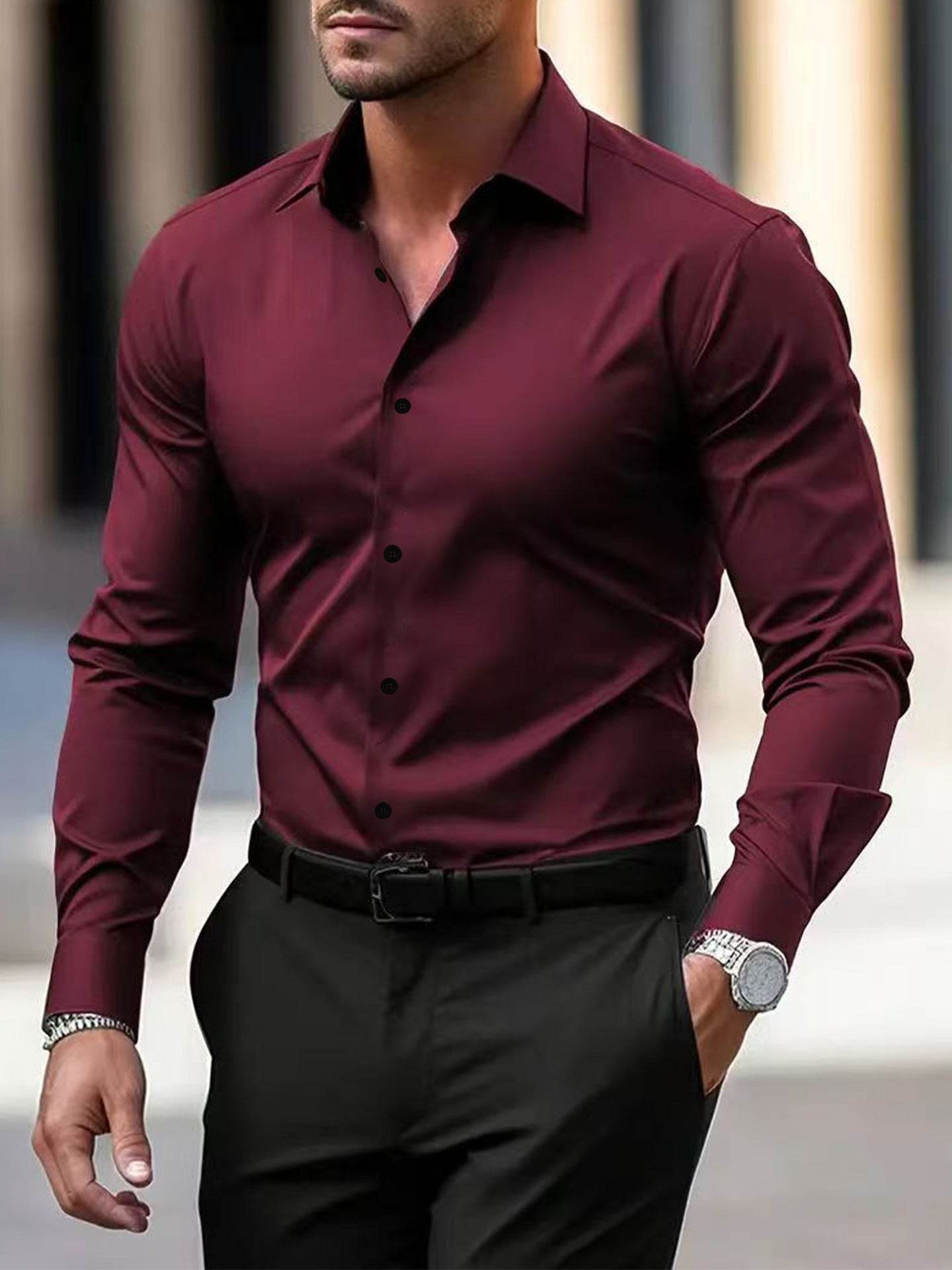 Men's Long Sleeved Business Shirt gents shirt Distinguished Fine Apparel Wine Red L