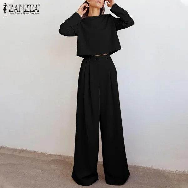 Women's Loose-fitting Casual Two-piece Suit - Wide Leg Pants ladys pants Distinguished Fine Apparel Black L
