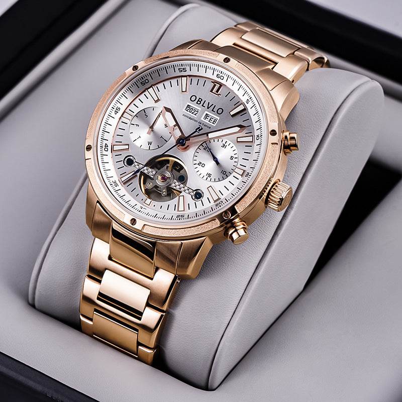 Gentlemen's Multi-functional Hollowed Timepiece gents watches Distinguished Fine Apparel Steel Rose White