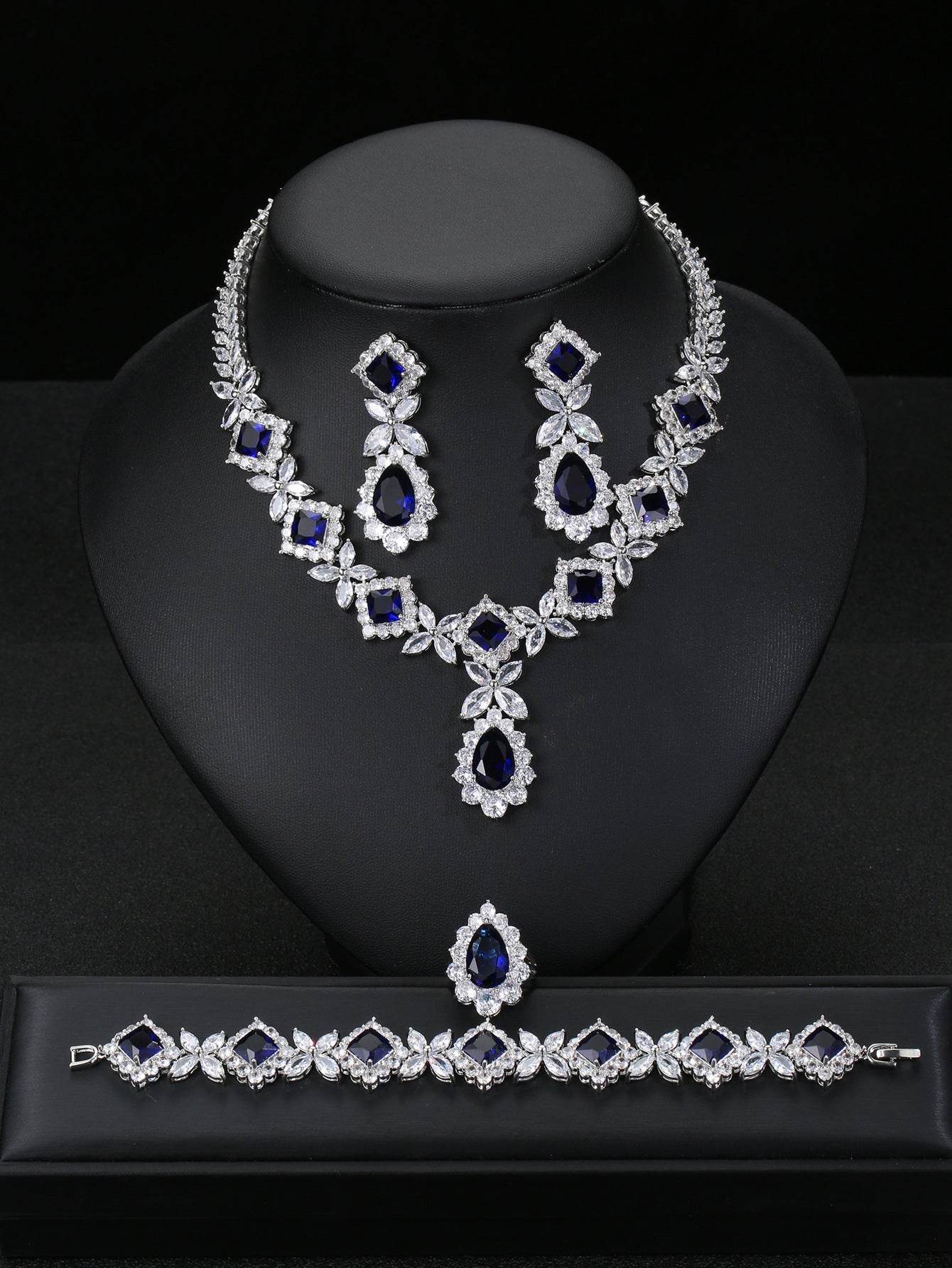 European & American Luxury Zircon Jewelry Set – 4-Piece Sparkling Elegance jewelry set Distinguished Fine Apparel Blue