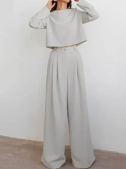 Women's Loose-fitting Casual Two-piece Suit - Wide Leg Pants ladys pants Distinguished Fine Apparel Beige L