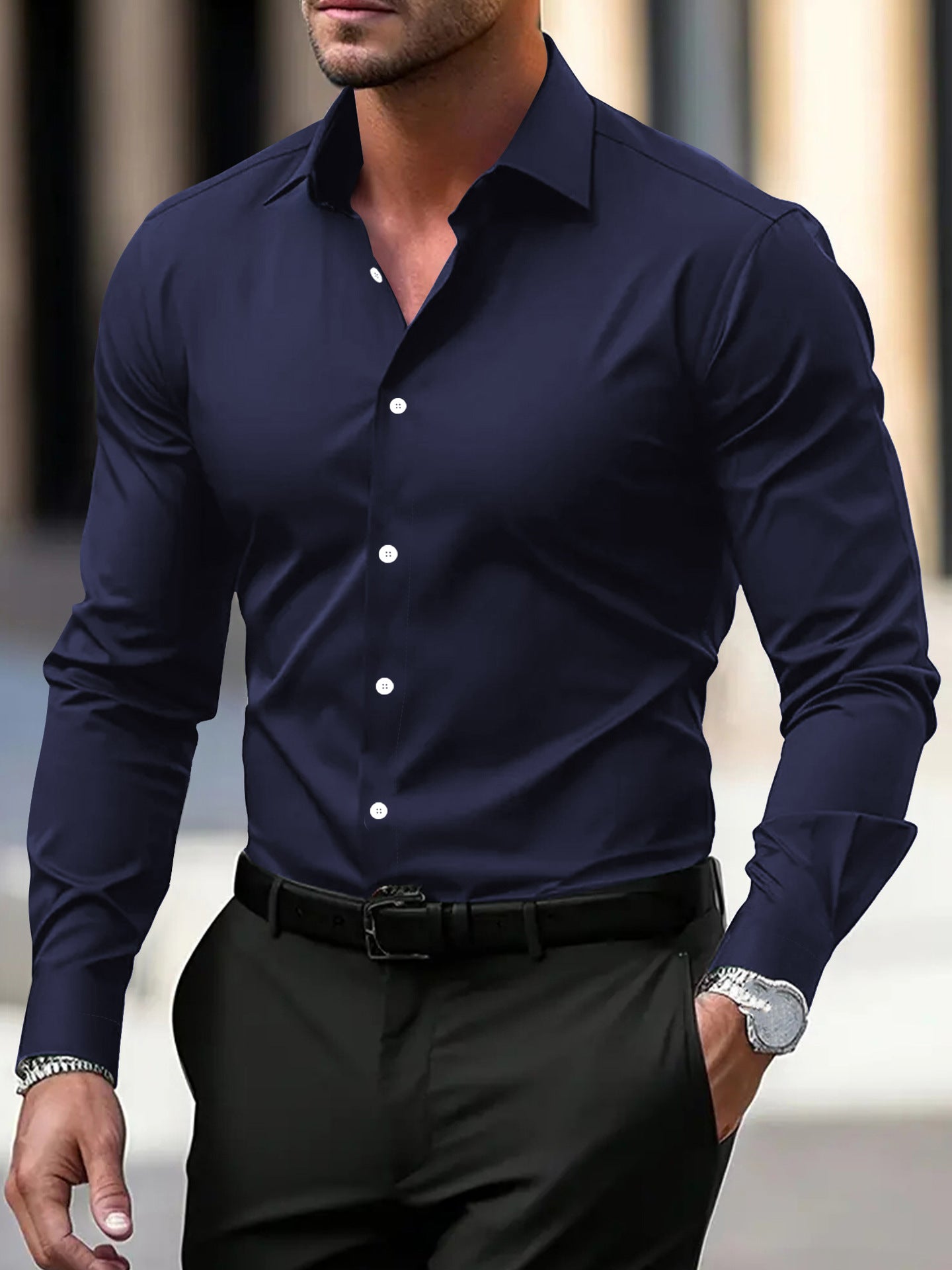 Men's Business Shirt Long Sleeved gents shirt Distinguished Fine Apparel Navy Blue L