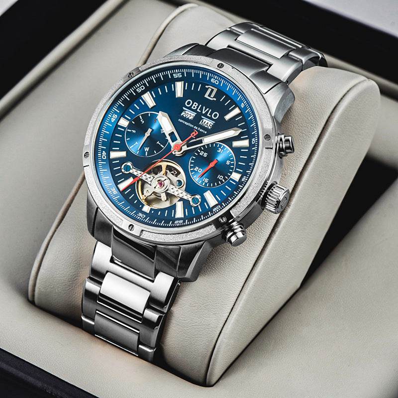 Gentlemen's Multi-functional Hollowed Timepiece gents watches Distinguished Fine Apparel Steel Silver Blue