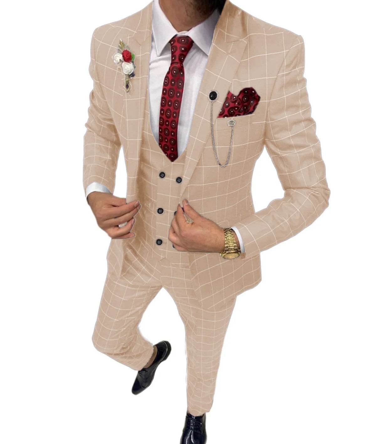 Classic Gentlemen’s Versatile Lattice Three Piece Suit for Timeless Elegance gents suit Distinguished Fine Apparel Beige 3XL