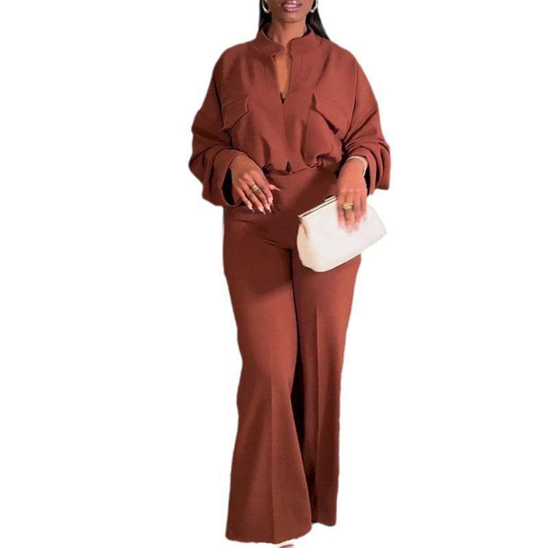 Casual V-neck Long Sleeve Top Wide-leg Trousers Suit ladys suit Distinguished Fine Apparel