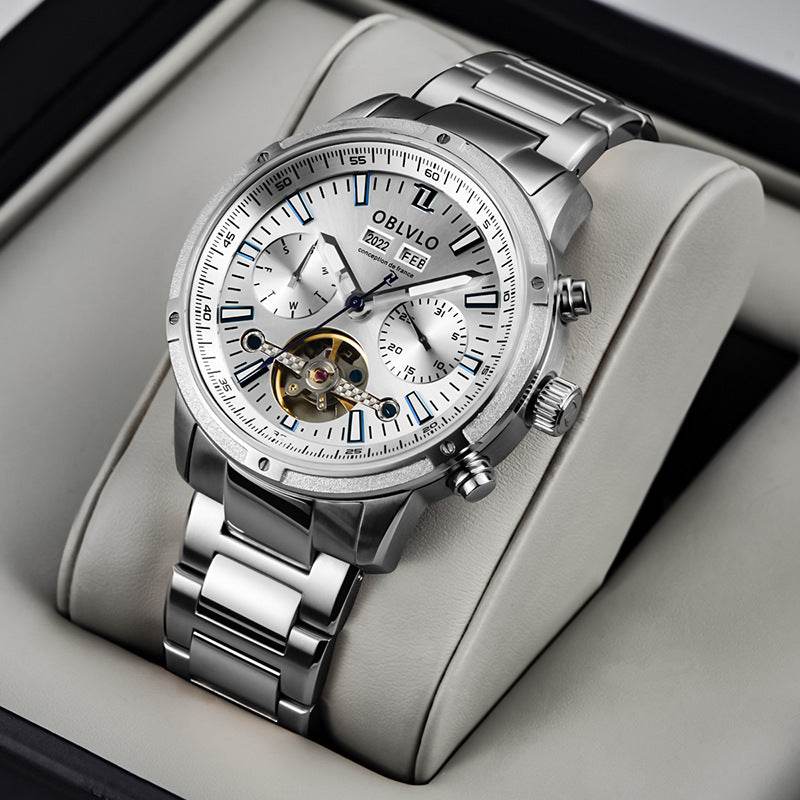 Gentlemen's Multi-functional Hollowed Timepiece gents watches Distinguished Fine Apparel Steel Silver White