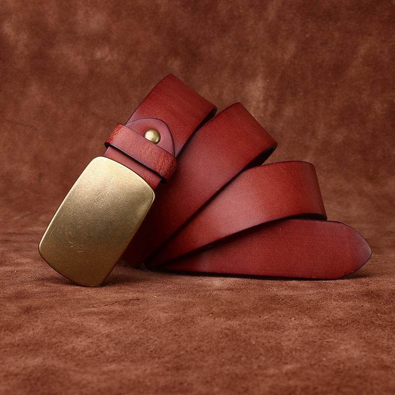 Genuine Leather and Copper Buckle - High Quality Retro Frosted Belt formal wear Distinguished Fine Apparel Red 100cm