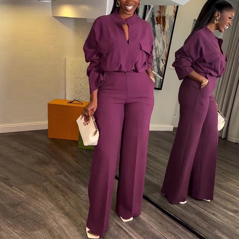 Casual V-neck Long Sleeve Top Wide-leg Trousers Suit ladys suit Distinguished Fine Apparel