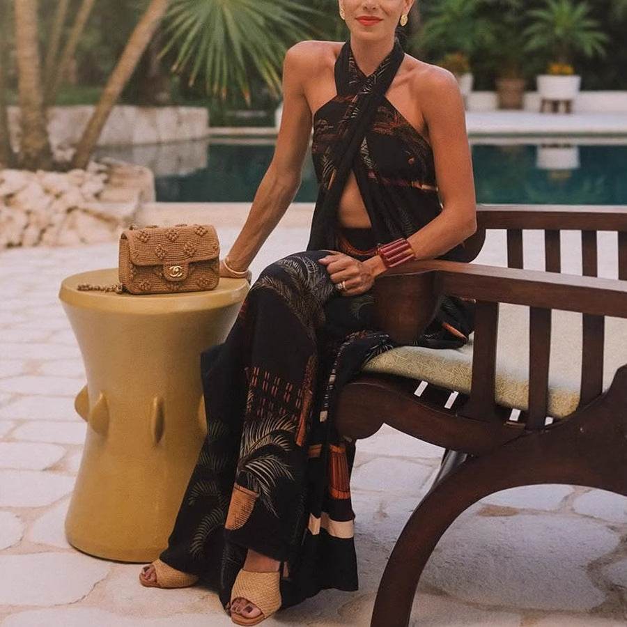 Retro Straight Wide-leg Pants Cross-halter-neck Top Two-piece Suit ladys suit Distinguished Fine Apparel