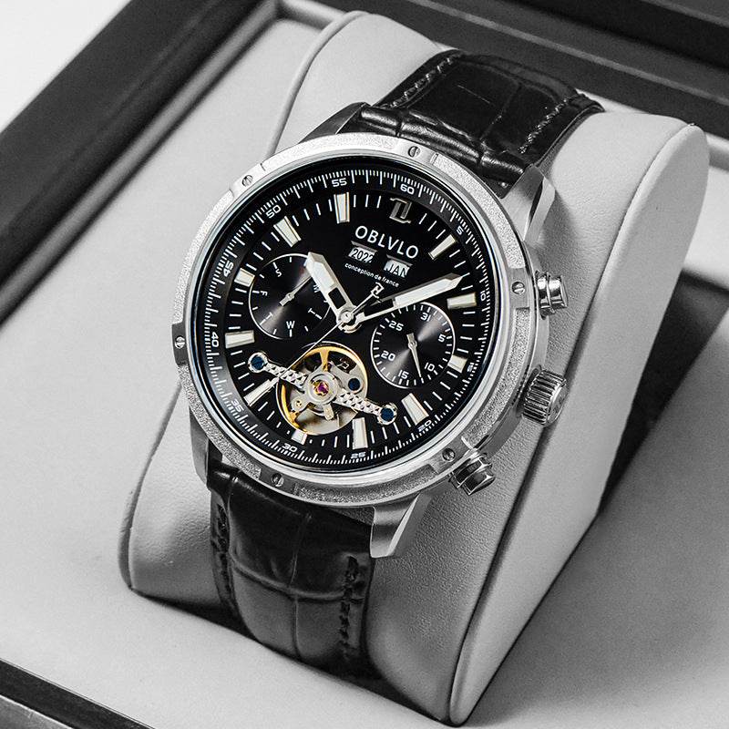 Gentlemen's Multi-functional Hollowed Timepiece gents watches Distinguished Fine Apparel Leather Silver Black