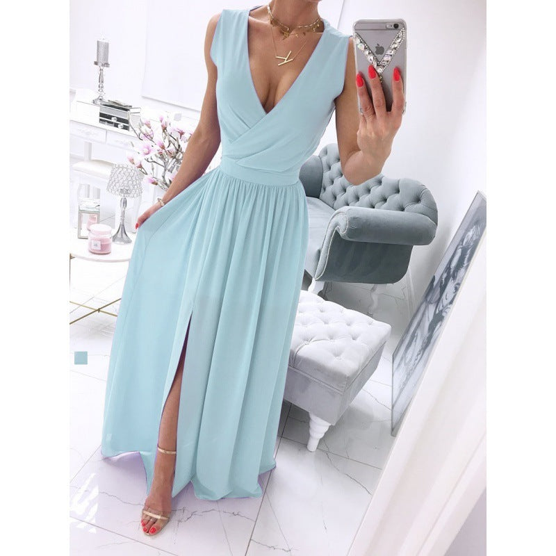 Women's Summer Sleeveless And Ankle Skirt - White - V-neck, Front Split, Long Dress ladys dresses Distinguished Fine Apparel Light Blue 2XL