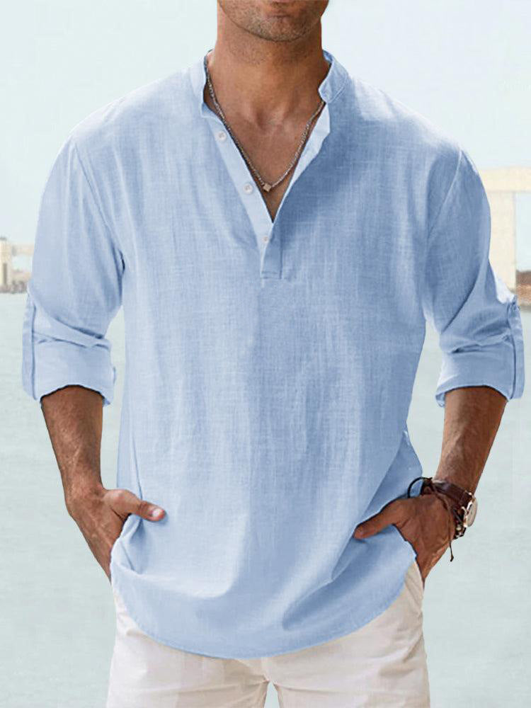 Men's Casual Linen Shirt - Spring Autumn Summer Wear Modern Gentlemen gents Shirts Distinguished Fine Apparel Light Blue 2XL