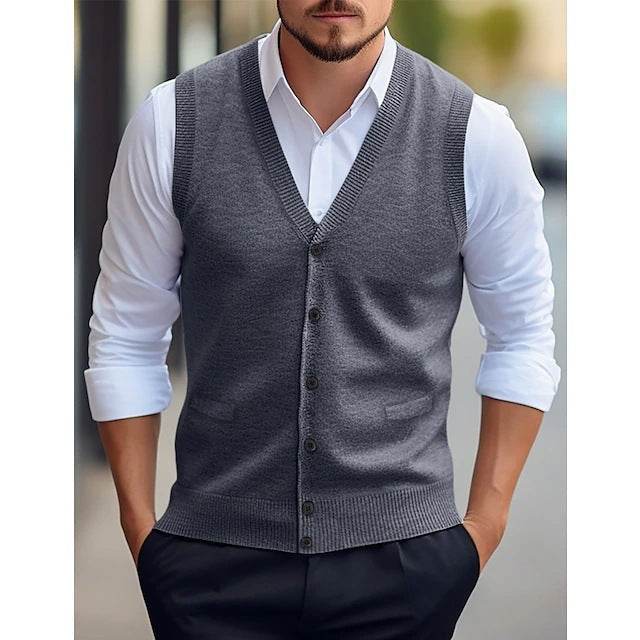 Men’s Wool Knit Sleeveless Vest – Solid Color Casual Cardigan for All Seasons gents top Distinguished Fine Apparel Medium Gray M