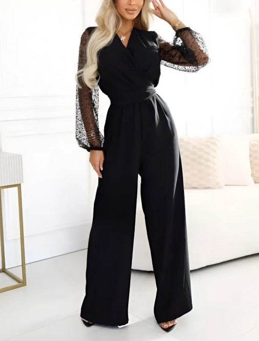 Sequined Top Wide Leg Pants Casual Suit for Women's Elegant Look ladys suit Distinguished Fine Apparel Black L