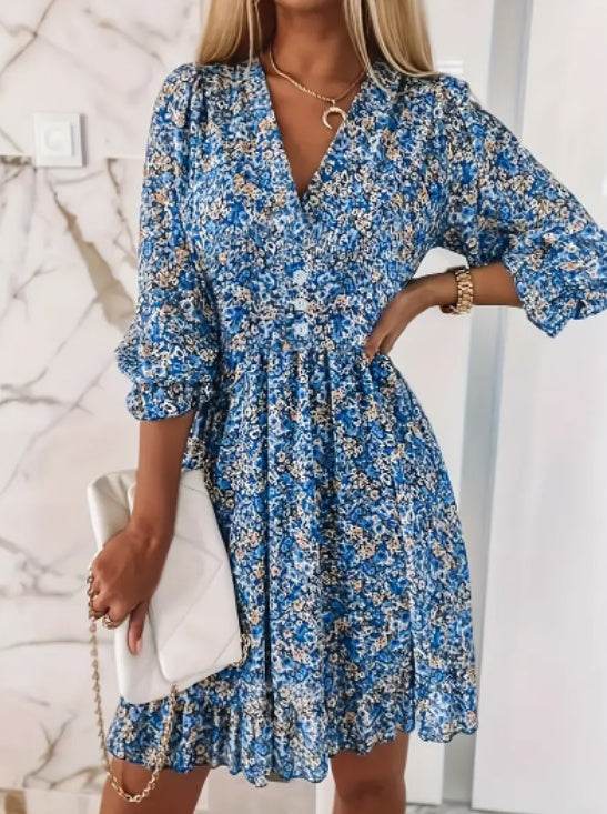 Ladies Beautiful V-Neck Floral Print Short Bubble Sleeve A-Line Dress ladys dresses Distinguished Fine Apparel Blue 2XL