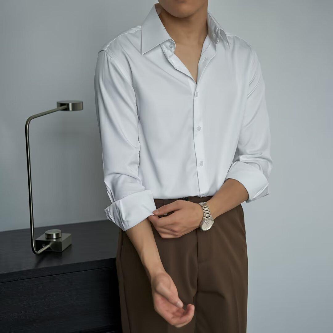 Autumn Black Shirt Men's Long Sleeve Slim Korean Style gents Shirts Distinguished Fine Apparel White 2XL