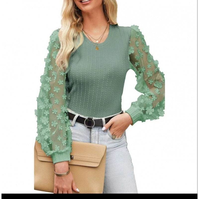 Women's Mesh Small Flower Chiffon Shirt - Summer Long Sleeve Luxury ladys shirt Distinguished Fine Apparel Green 2XL