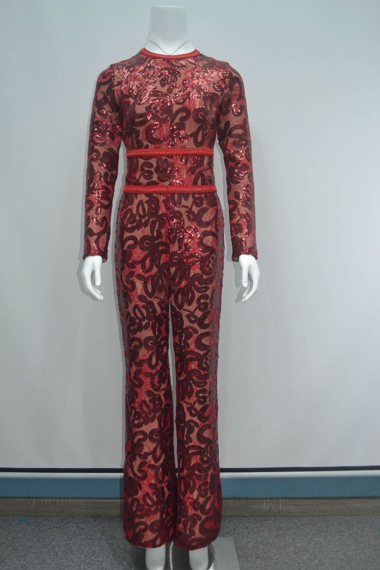 Elegant Ladies One Piece Embossed lace Suit - Flared Boot Leg - Exquisite ladys suit Distinguished Fine Apparel Red XS