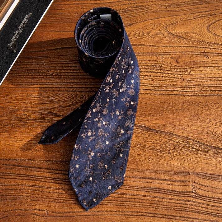 Three-fold Roll Wool Lining Handmade Tie, Silk Jacquard Businesses Tie gents ties Distinguished Fine Apparel Navy Blue