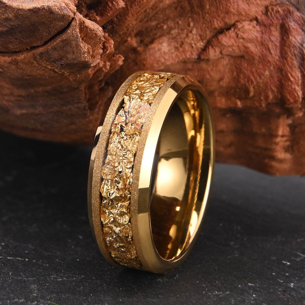 8mm Tungsten Steel Gold Sandblasting Electric Gold Ring gents ring Distinguished Fine Apparel