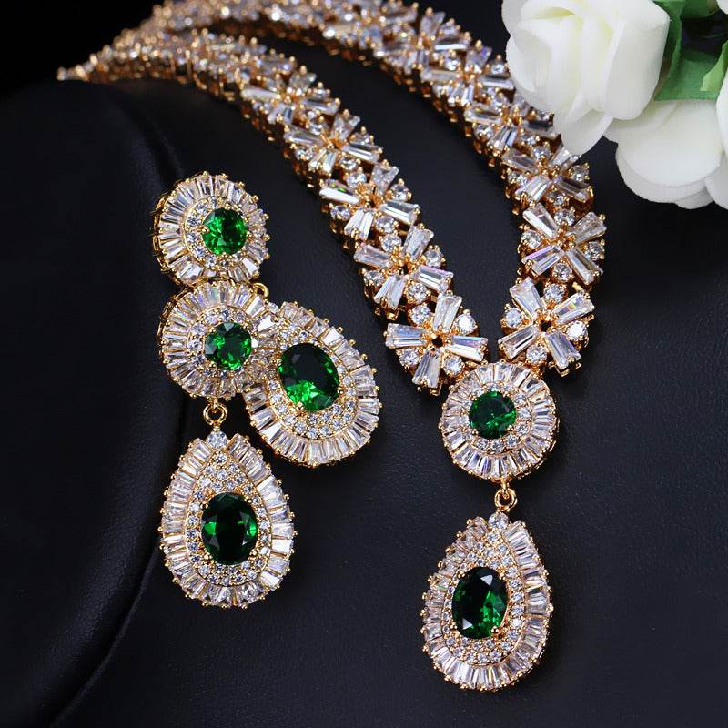 Elegant Zircon Necklace & Earrings Set – Classic Two-Piece Jewelry for Women jewelry set Distinguished Fine Apparel Golden green