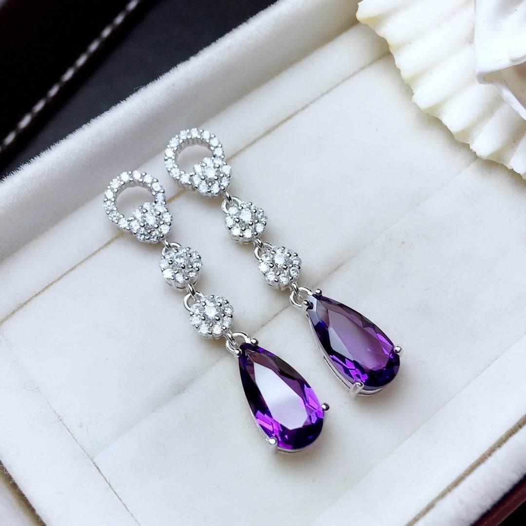 Exquisite Women's Sterling Silver Inlaid Amethyst Earrings ladys earrings Distinguished Fine Apparel