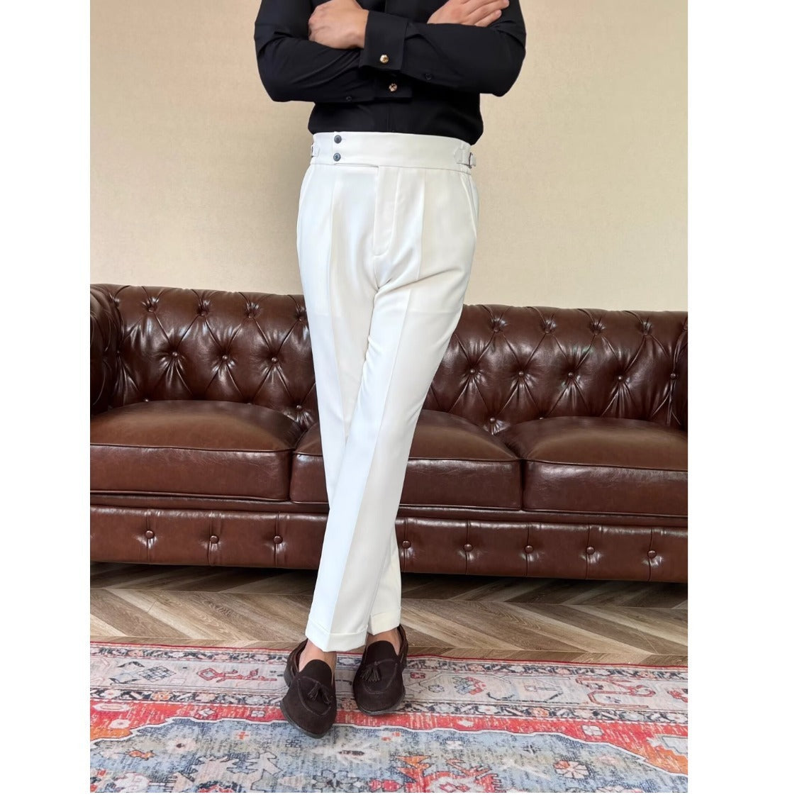 Men's High-waisted Straight-leg Trousers Casual Dress Pants mens pants Distinguished Fine Apparel White M