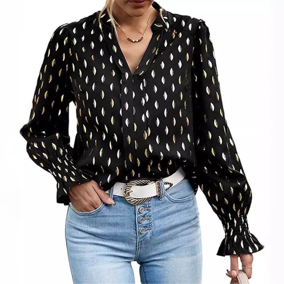 Ladies Bubble Long Sleeve Bronzing Blouse ladys shirt Distinguished Fine Apparel